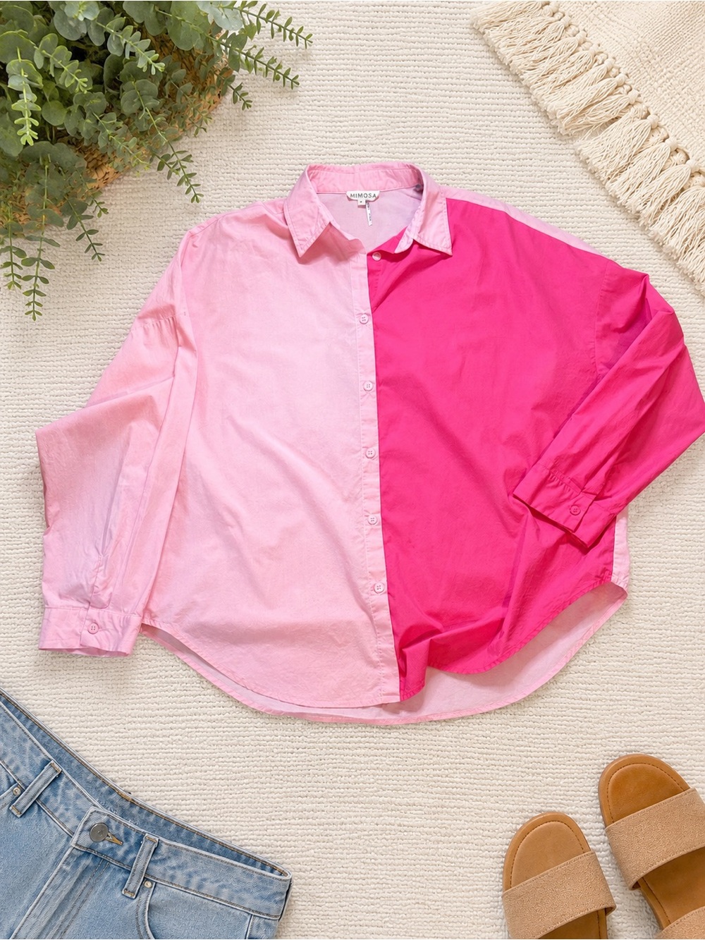 Mimosa Two Tone Pink Button Down Shirt Oversized Colorblock Blouse Medium